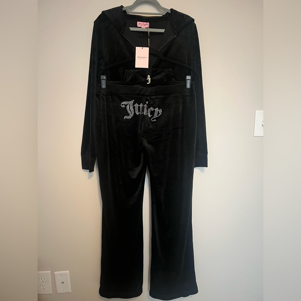 JUICY COUTURE Velour OG Bling Tracksuit Set Zip Hoodie & Pants Black Size L NWT!